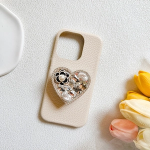 Luxury heart phone grip with camellia and pearl rhinestones on beige leather case