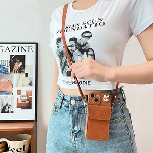 Quilted Leather Crossbody Phone Case Wallet Card Holder And Detachable Lanyard Strap For IPhone Cute Cartoon Girl