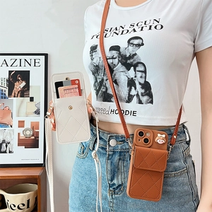 Diamond quilted leather wallet phone case with adjustable crossbody strap for iPhone