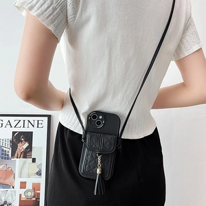 Crossbody black quilted leather phone case with card holder and tassel chain strap