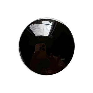 Minimalist round glass phone socket with black mirror finish and silver metal edge