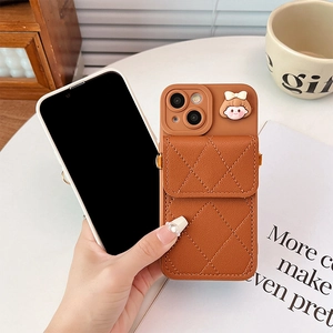 Brown leather quilted wallet case for iPhone with slide lens cover and cute girl charm
