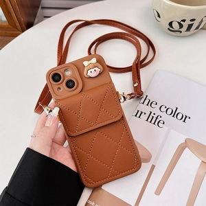 Brown quilted leather phone case with card holder and cute cartoon girl accessory