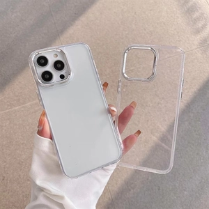 Transparent iPhone case with silver electroplated camera protection ring shown held in hand