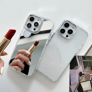 Detail of silver mirror and matte phone cases for iPhone with camera protection lens frame