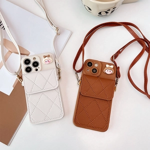 Crossbody phone cases in beige and brown leather with quilted pockets and long straps