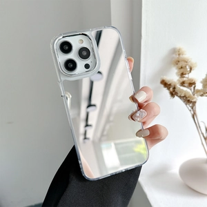 Handheld mirror phone case for iPhone with a reflective silver back and protective lens frame