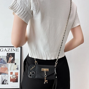 Coque de téléphone bandoulière avec pochette portefeuille et pendentif cerf doré