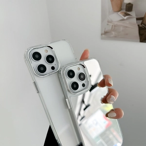Detail of iPhone case showing a transparent back versus a sleek silver mirror finish