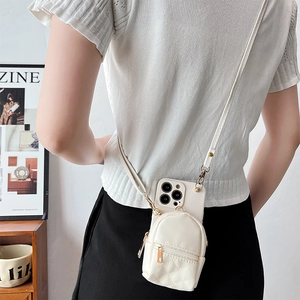 White crossbody iPhone case with quilted mini backpack coin purse and gold zipper chain