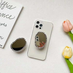 Irregular Oval Mirror Phone Stand Griptok Retractable Alloy Hammered Texture Aesthetic Desktop Holder