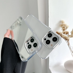 Clear and silver mirror cases for iPhone with raised metal camera protection rims