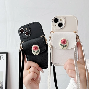 Crossbody iPhone case featuring wallet pouch and 3D rose decoration with long strap