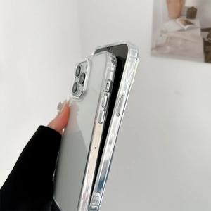 Close-up of clear iPhone 16 Pro protective case with reinforced anti-fall bumper edges