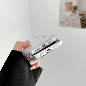 Macro shot of transparent phone case with precise speaker cutouts and reinforced corners