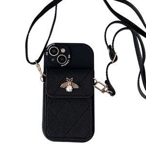 Black quilted leather iPhone case with pearl bee card holder and crossbody strap