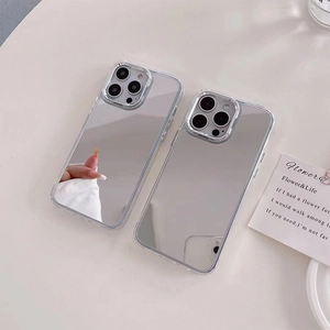Close-up of slim silver mirror phone case for iPhone with clear TPU bumper edge