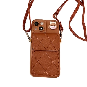Brown quilted leather wallet case for iPhone with crossbody strap and cute girl charm