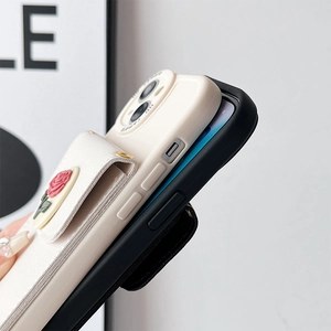 Detailed side view of iPhone case with 3D rose wallet pocket and precise button cutouts