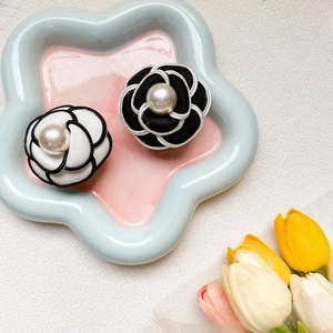 Elegant fabric camellia phone socket with pearl center in black and white styles