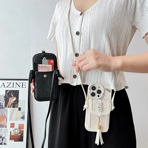 Chic quilted crossbody phone case with card holder and sparkling rabbit tassel charm
