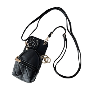 Quilted black leather mini bag phone case for iPhone 16 with gold zipper and crossbody strap