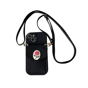 Black leather iPhone case with rose wallet and adjustable crossbody strap detail