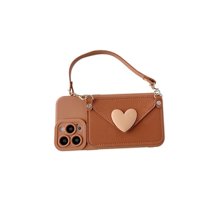 Brown leather crossbody iPhone case with heart envelope wallet pocket and wrist strap