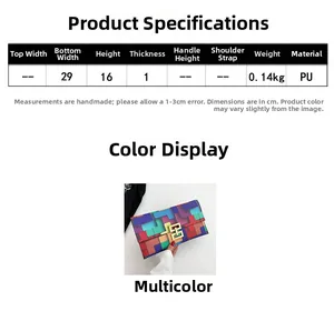 Size chart showing 29x16x1cm dimensions for the colorful PU leather envelope clutch bag