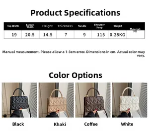 Size chart and dimensions for the quilted PU leather handbag with color options