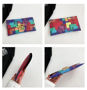 Detailed views of the colorful geometric contrast envelope clutch with gold metal buckle