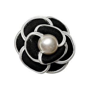 Elegant black fabric camellia flower phone socket with pearl center and silver trim