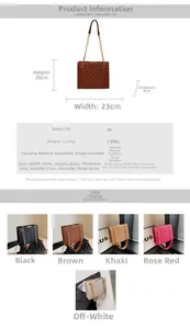 Quilted tote bag dimensions and specifications showing size details and material weight