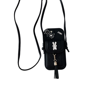 Quilted black crossbody phone case for iPhone with card slot and rhinestone rabbit decor