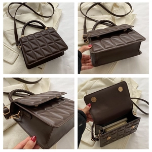 Detailed views of a dark brown quilted crossbody bag with rhombus pattern and gold hardware