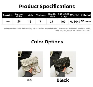 Guide des tailles du sac à bandoulière tissé avec dimensions et options de couleurs