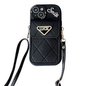 Étui bandoulière en cuir matelassé noir pour iPhone avec portefeuille LUCK et Smile