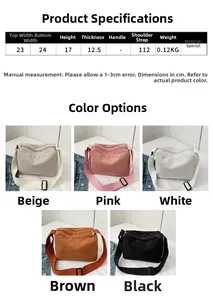 Size guide for corduroy crossbody bag with dimensions and five color options detail