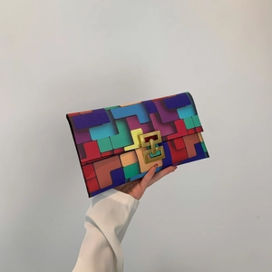 Colorful geometric block pattern envelope clutch bag with gold matte interlocking clasp