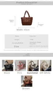 Size guide for large capacity soft leather tote showing dimensions, material and 5 colors