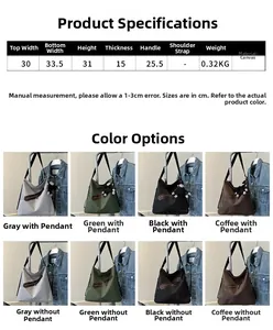 Detailed sizing and color options for the large canvas tote bag in various shades