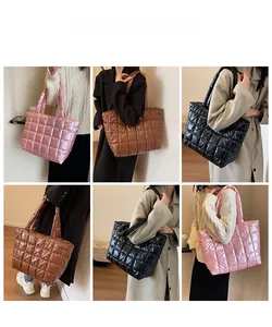Detailed views of puffer quilted tote bags in pink, brown, and black shown on a model
