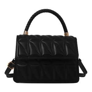 Classic black quilted PU leather shoulder bag with gold hardware and woven handle