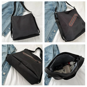 Detailed four-way views of black nylon shoulder bag showing interior capacity and back zipper