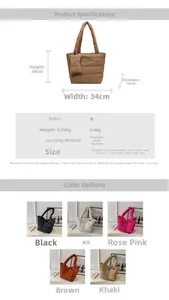 Detailed chart showing quilt-pattern tote bag sizes and various color options