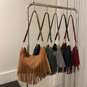 Women Faux Suede Tassel Shoulder Bag Bohemian Fringe Crossbody Bucket Bag Retro Adjustable Strap Zipper Closure