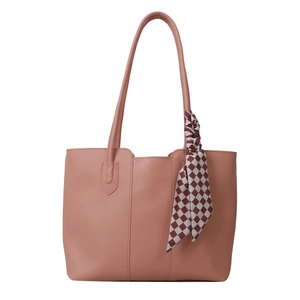 Dusty pink PU leather tote bag with elegant plaid silk scarf for office commute