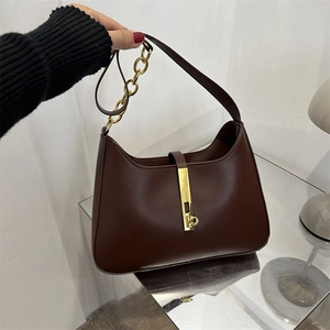 Women PU Leather Shoulder Hobo Bag Fashion Underarm Handbag With Gold Metal Buckle And Chain Strap