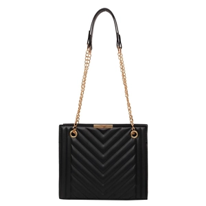 Classic black quilted shoulder bag with gold chain strap and elegant V-shaped stitching