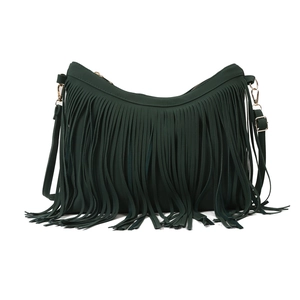 Dark green bohemian fringe crossbody bag with long tassels and gold-tone hardware